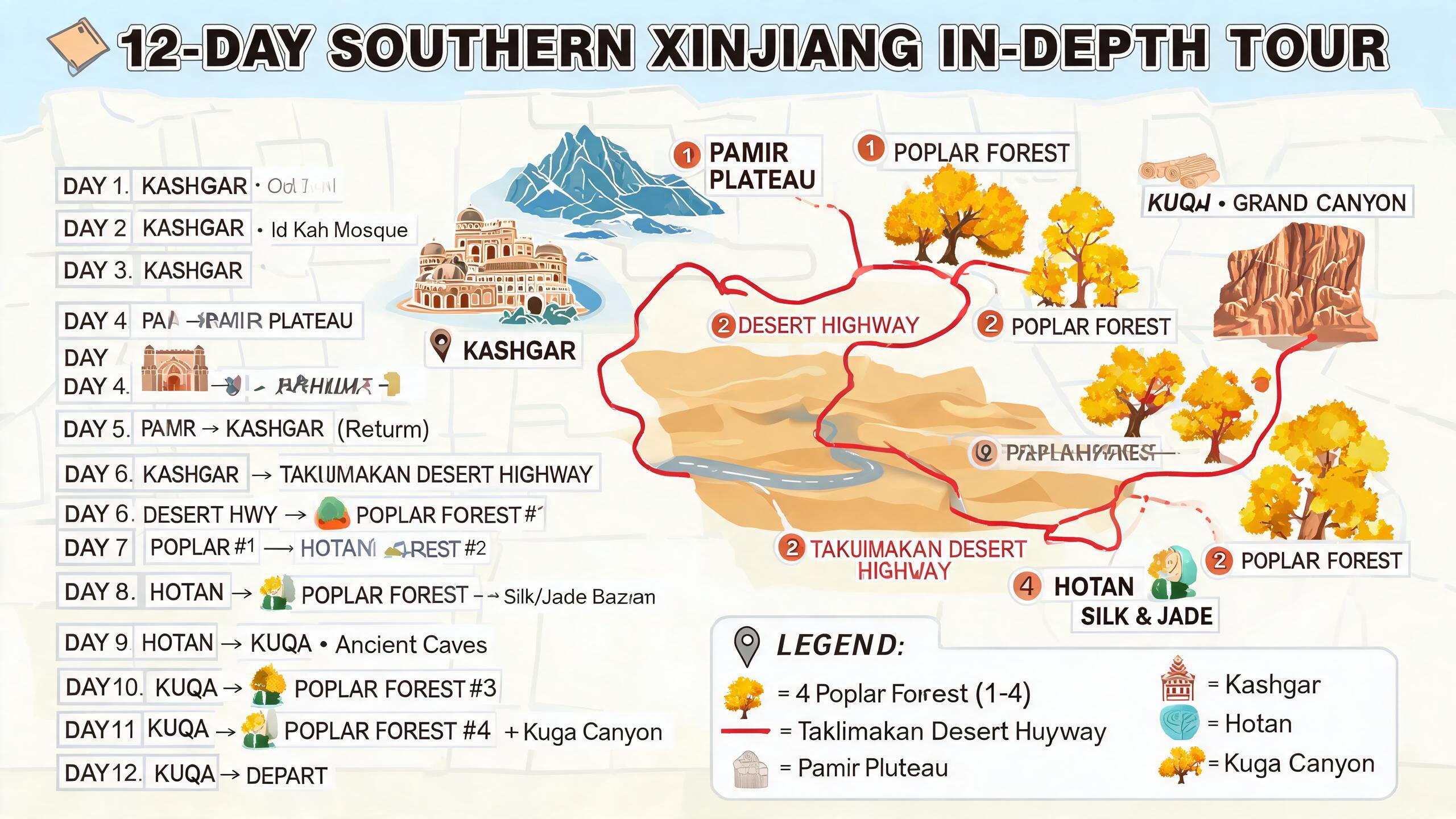 12天深度版线路示意图,南疆全景深度游