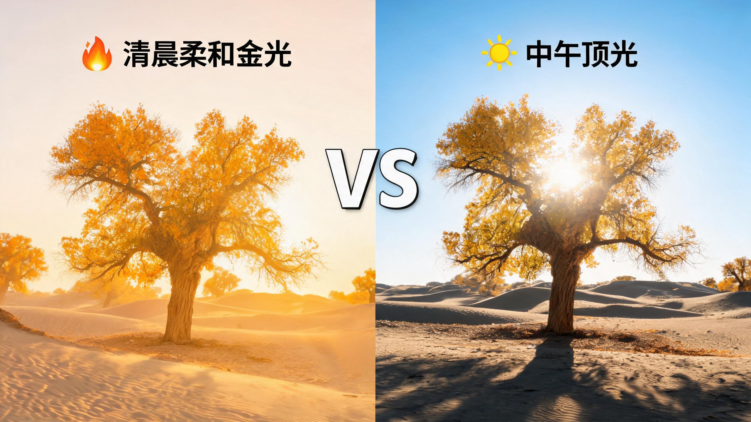 胡杨摄影避坑示意,早晚光线和中午顶光对比