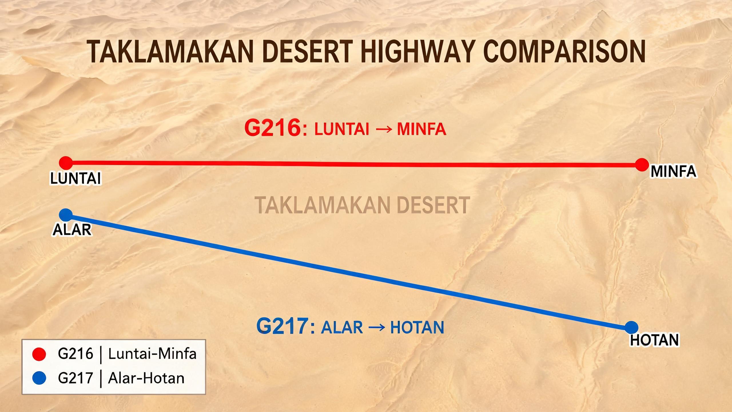 两条沙漠公路路线对比示意图